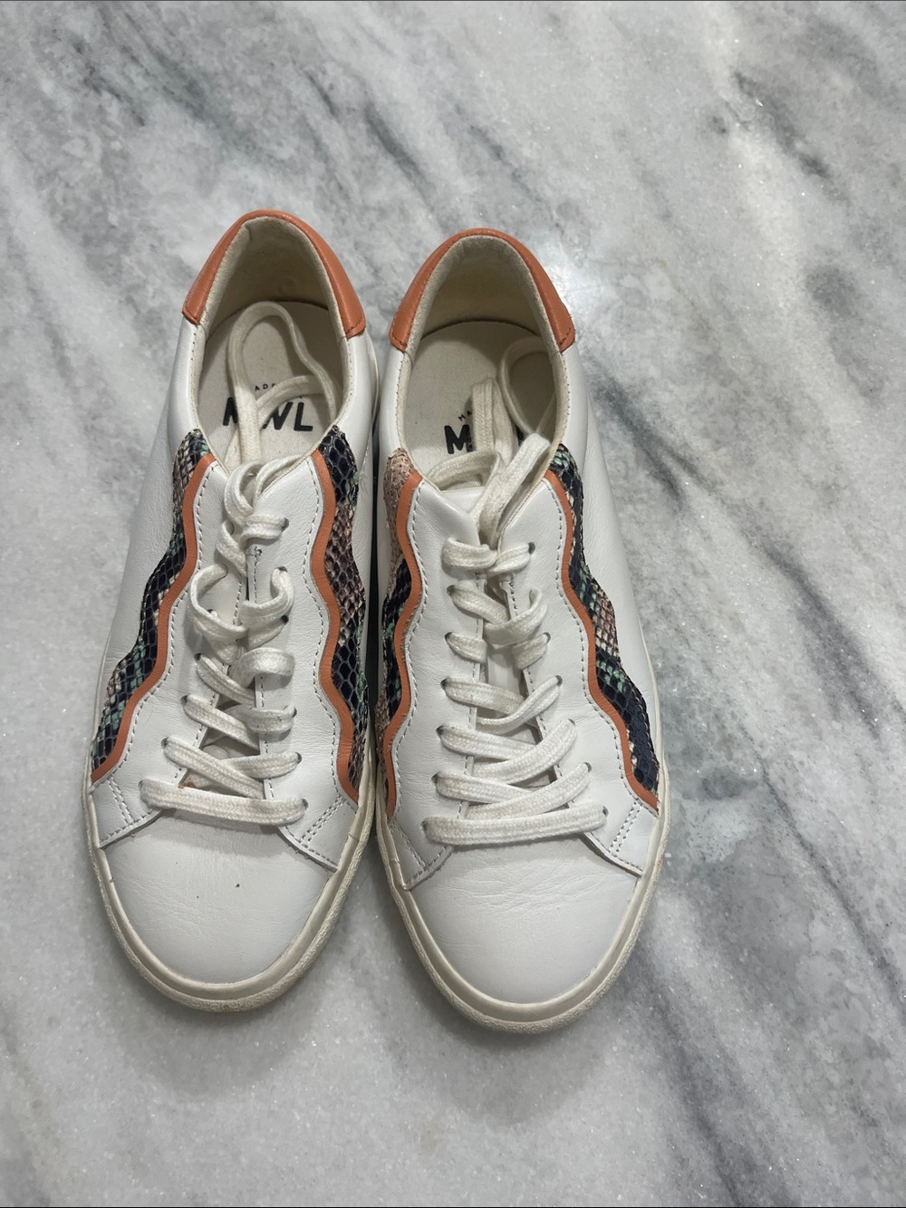 Madewell White Leather Sneakers with Coral Trim and Snake-Print Panels